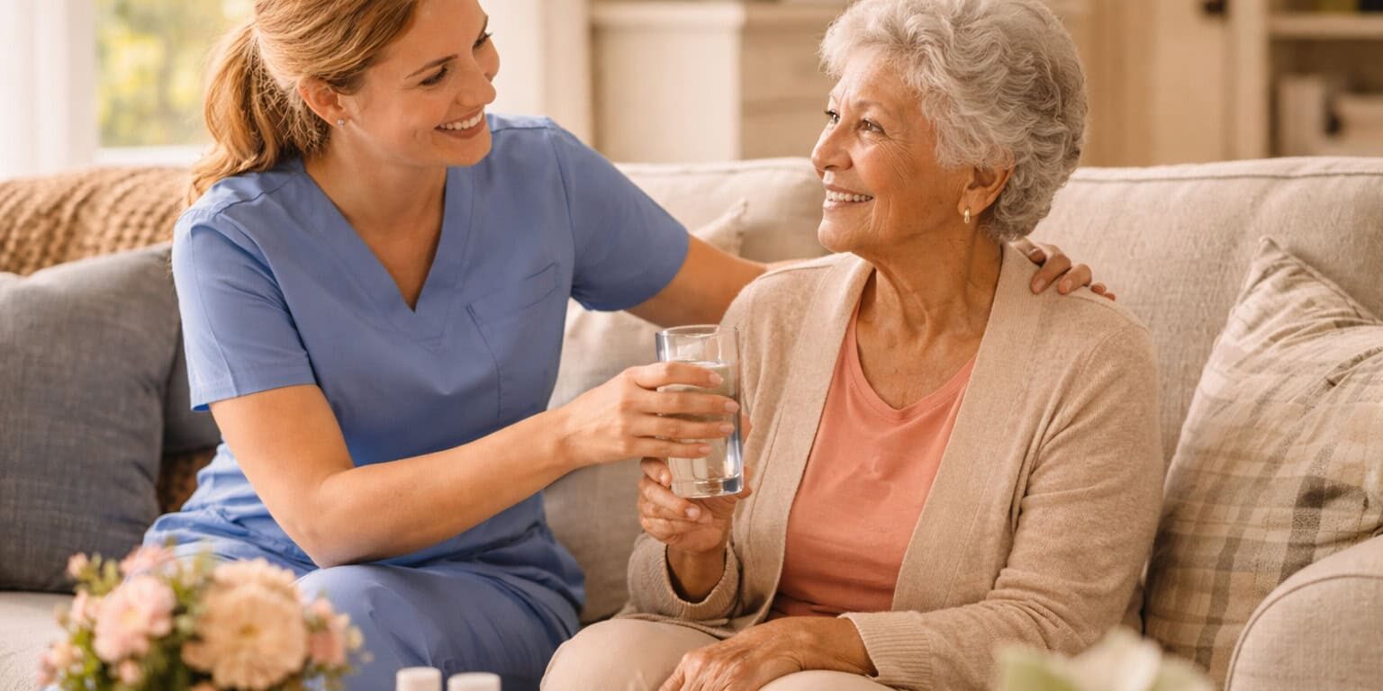 Caregiver assisting elderly woman with a smile