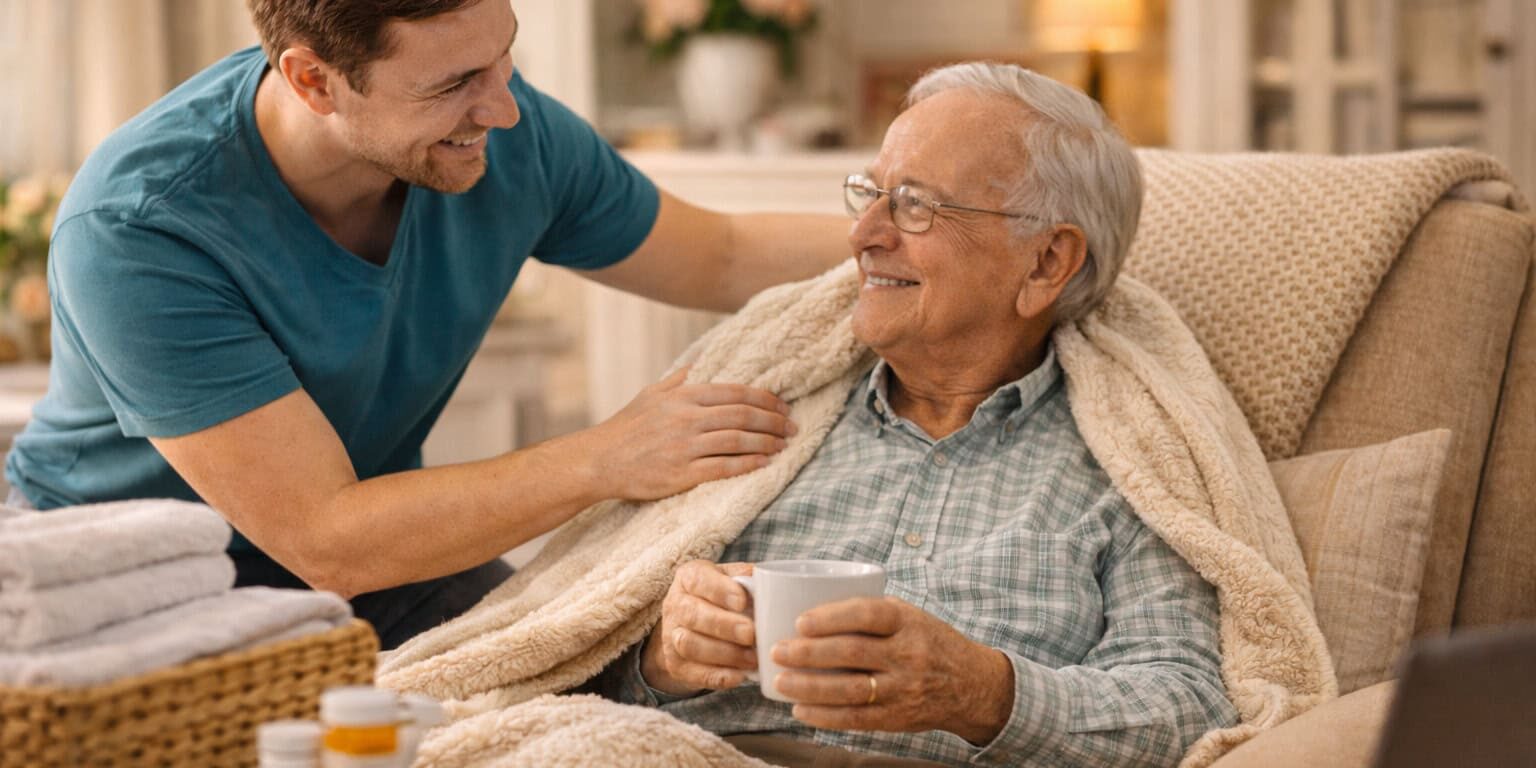 Senior wrapped in blanket, smiling with friend.